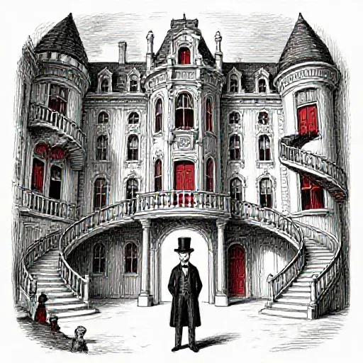 The Hotel with Many Doors - H.H. Holmes, illustrated children's book style